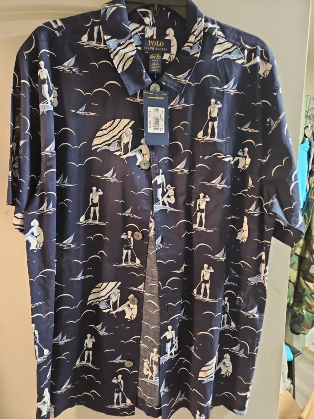 Polo Ralph Lauren Men  Shirt Button Up Woven Surf Print Navy Medium